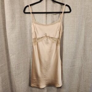 Forever 21 Satin Slip Cami Dress Women's S Champagne Lace Trim Adjustable Slit